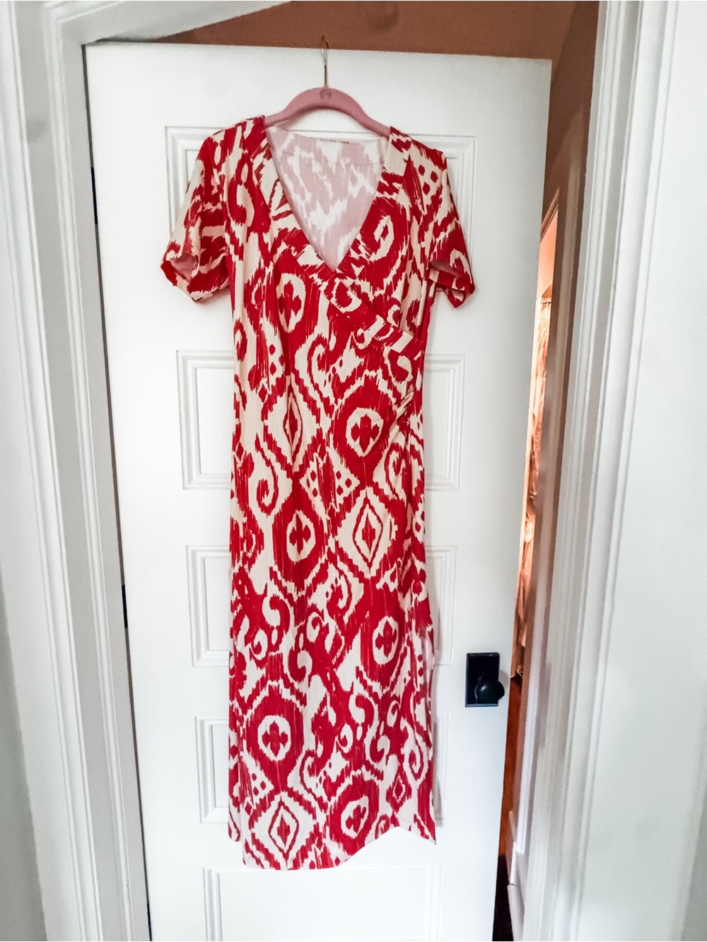 Red & Cream Printed V-Neck faux wrap style Midi Dress